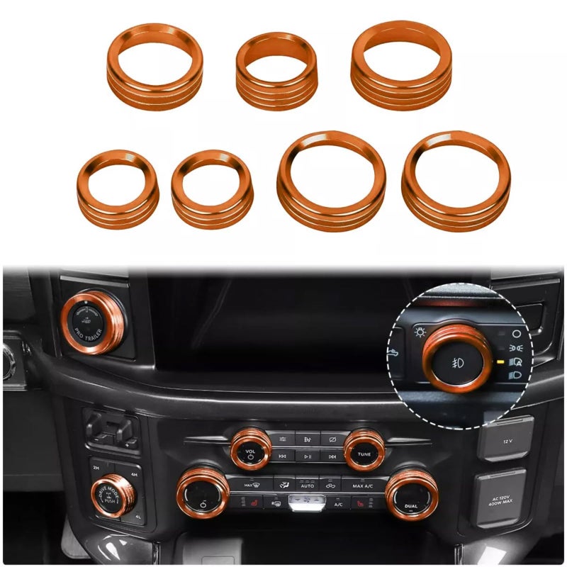 AuTK for Ford F150 2021 2022 2023 Knob Air Conditioner Switch & Trailer & 4WD & VOL & Headlight Button Ring Trim, Orange Aluminum, 7pcs - Image 2